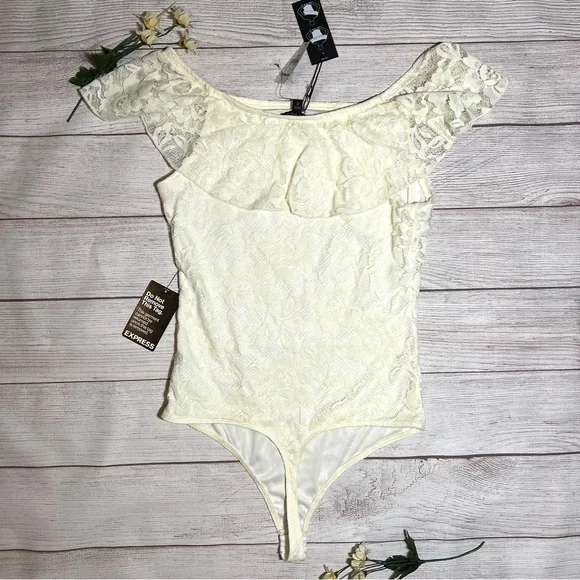 EXPRESS Off The Shoulder Ruffle Lace Thong Bodysuit - Picture 10 of 16